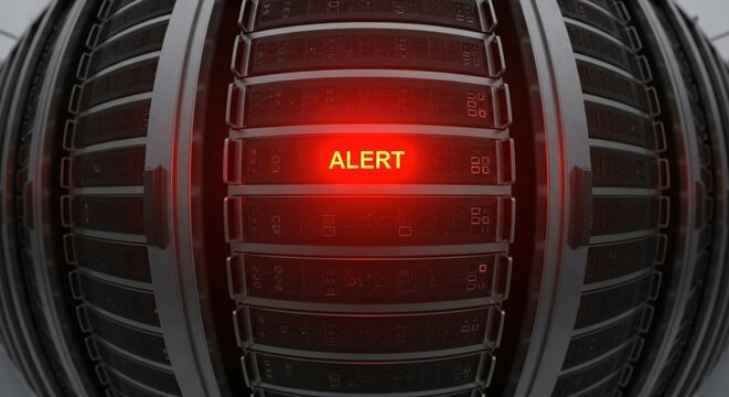 A glowing red alert light illuminates a futuristic server rack, signifying a critical system warning and potential data breach