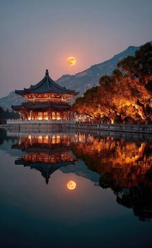 Chinese architecture under the moonscape