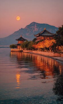 Chinese architecture under the moonscape