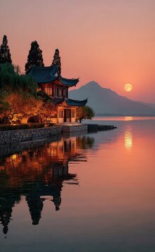 Chinese architecture under the moonscape