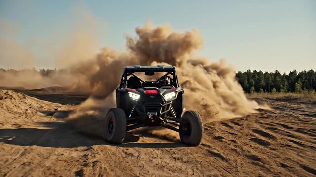 Aggressive buggy races across sandy terrain leaving massive brown dust plume.