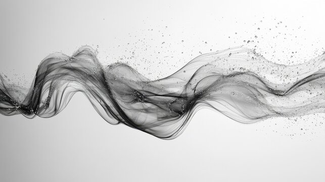 An abstract, flowing, grayscale smoke-like wave with scattered particles against a white gradient