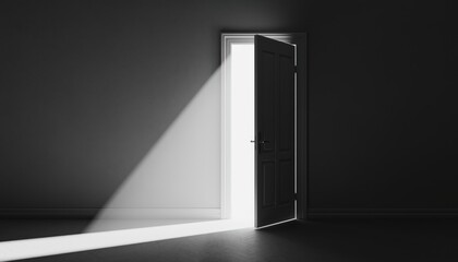 A partially open door allowing a dramatic shaft of glowing light to illuminate a dim interior space