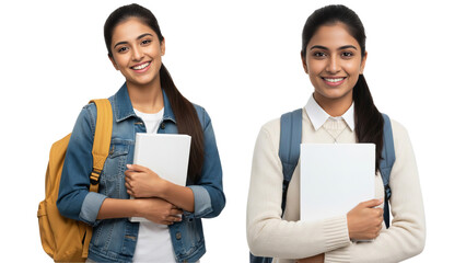 Set of two indian students holding a book with a backpack isolated on white background. Suitable for marketing or business purposes. PNG file