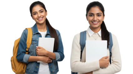 Set of two indian students holding a book with a backpack isolated on white background. Suitable for marketing or business purposes. PNG file