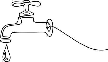 Minimal Continuous Line Water Faucet with Droplet Vector Illustration