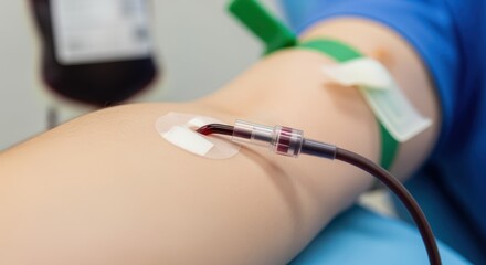 Close-up shot of a person's arm with a needle inserted for blood donation.