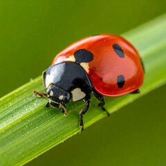 A close-up view of a red ladybug with black spots on a green leaf