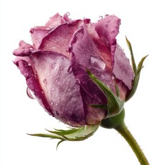 Beautiful lavender rose bud with fresh water drops on white