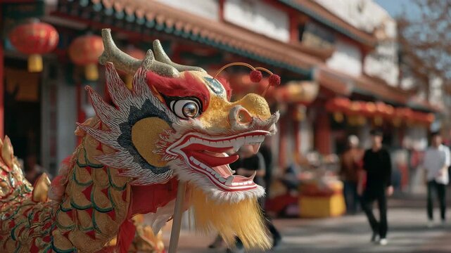 Bright sunshine, a celebratory atmosphere, crimson embellishments, yellow tassels, and a golden Chinese dragon puppet head in a street procession next to a temple roof