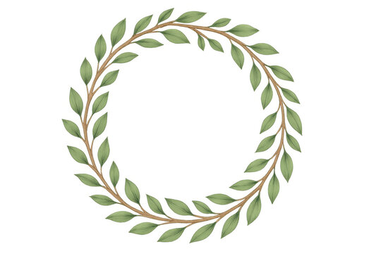Green leaves wreath forming a circular frame with watercolor texture, natural plant design on transparent background