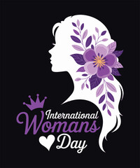 Elegant International Women’s Day Silhouette with Floral Hair and Crown Illustration