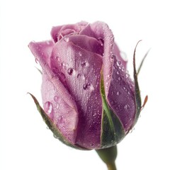 Beautiful lavender rose bud with fresh water drops on white