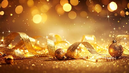 Warm golden Christmas lights illuminating shimmering ornaments resting on a snow-covered surface, creating a festive luxury holiday atmosphere with sparkling bokeh and soft reflections.