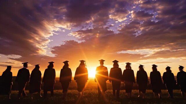 Silhouette of graduates in gowns walking into sunset with cloudy sky, concept for graduation ceremony, academic achievement and educational success