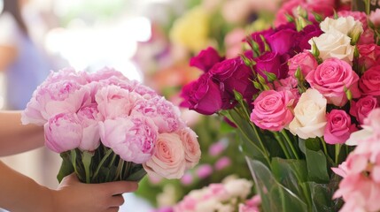 Hands holding a fresh pink peony bouquet in a flower shop with other colorful blossoms