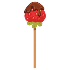 Red Strawberry Covered in Chocolate Drizzle on a Stick with Green Leaves and a Transparent Background