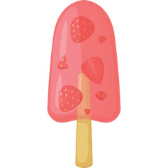 Red Strawberry Flavored Popsicle on a Wooden Stick with Sliced Strawberries Inside and a Transparent Background
