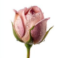 Beautiful pink rose bud with fresh water drops on white background.