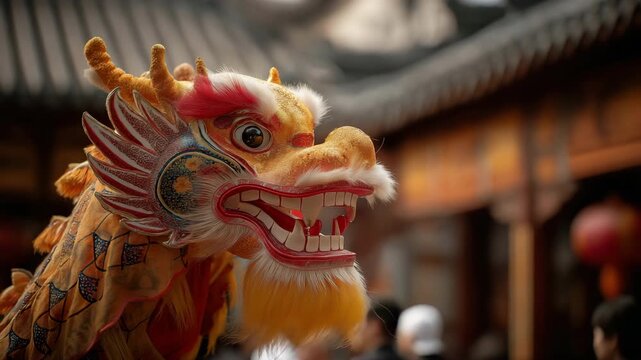 Bright sunshine, a celebratory atmosphere, crimson embellishments, yellow tassels, and a golden Chinese dragon puppet head in a street procession next to a temple roof