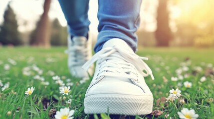 Person in white sneakers walking on green grass with daisies, bathed in warm spring sunlight