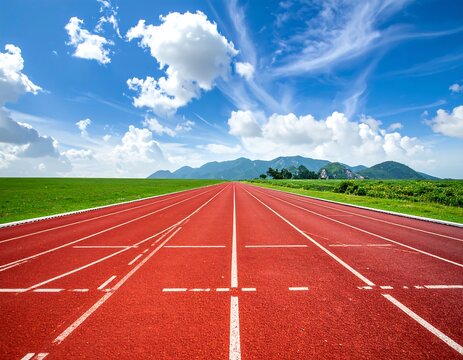 A red athletic running track stretches into the distance under a blue sky dotted with puffy clouds, overlooking a green landscape and mountains