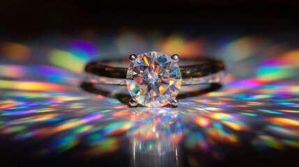 Elegant diamond engagement ring with stunning reflections and colorful bokeh background, perfect for romantic proposals or jewelry marketing visuals