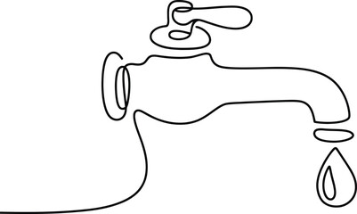 Minimal Continuous Line Water Faucet with Droplet Vector Illustration