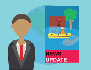 A vector art of a news anchor reporting about a flood. 