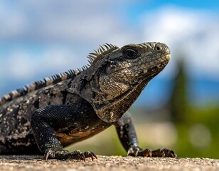 A close-up view of a reptile basking in natural sunlight
