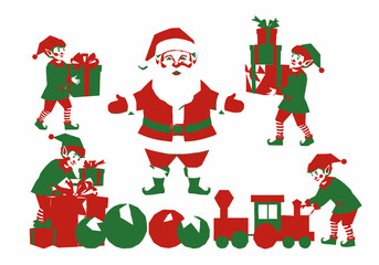 Retro red and green Christmas set with Santa Claus busy elves gifts and a toy train Stamped stencil style illustration.