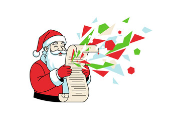 Obraz premium Cartoon Santa Claus Reading a List with Geometric Shapes.