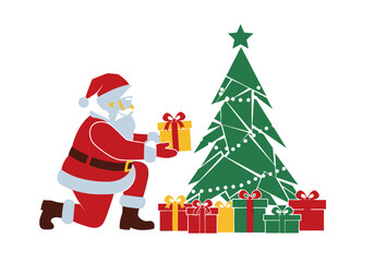 Fototapeta premium Santa Claus Kneeling Presenting Gift Near Christmas Tree Vector Illustration.