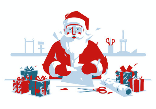 Stylized Santa Claus in red suit wrapping Christmas gifts with paper and scissors.