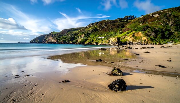 A scenic coastal view showcasing a sandy beach, turquoise waters, and cliffs covered with lush greenery, under a bright, sunny sky - Powered by Adobe