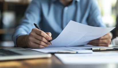 Close up of a businessman hand writing on document with pen at office desk near laptop computer and papers for mockup design