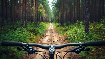 First person view of mountain biking on a forest trail