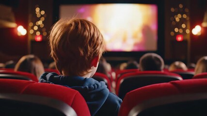 Rear view of audience watching a movie in theater with colorful screen lights and red seats, concept for entertainment event, family fun and cinematic experience