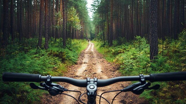First person view of mountain biking on a forest trail - Powered by Adobe