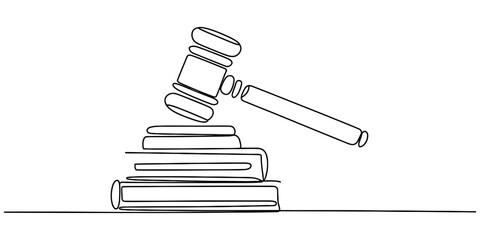 Continuous line drawing of gavel and law books isolated on transparent background, isolated on white background, Vector, illustration