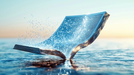 An open book emerges from the water, with pages dissolving into glowing particles and water droplets.