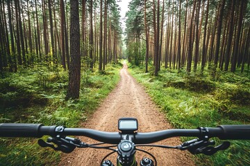 First person view of mountain biking on a forest trail