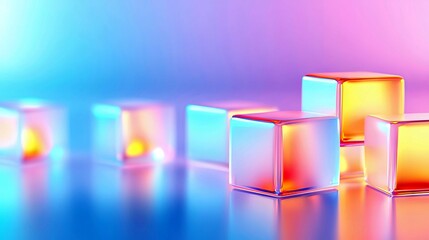 A series of translucent cubes with vibrant, iridescent reflections are arranged in a row on a glossy, reflective surface.