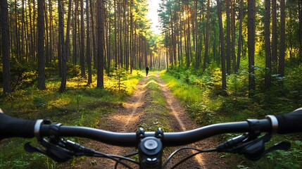 First person view of mountain biking on a sunlit forest trail