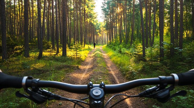 First person view of mountain biking on a sunlit forest trail - Powered by Adobe