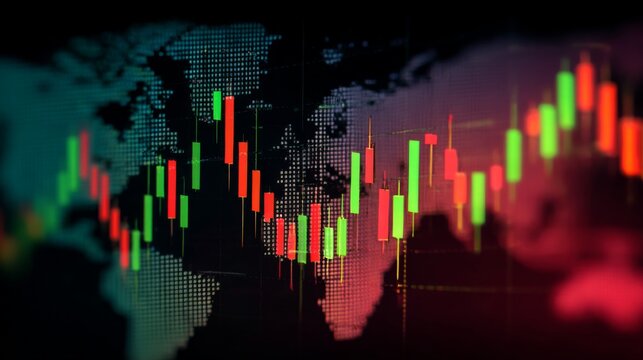Colorful and Dynamic Stock Market Chart Over World Map Visualizing Financial Trends and Economic Shifts in Global Investment Markets