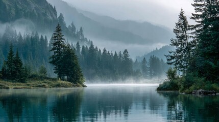 Fototapeta premium Serene Mountain Lake Surrounded by Misty Forests and Lush Greenery Under a Peaceful Sky at Dawn in a Tranquil Natural Landscape Setting