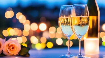Romantic celebration: Two champagne glasses, roses, and sparkling bokeh lights at night