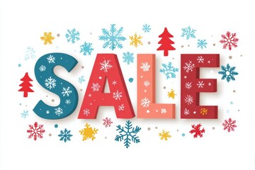 Colorful Winter Sale Typography with Snowflakes and Festive Trees on White Background