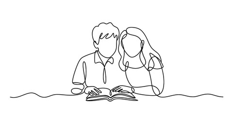 Continuous line art of couple reading a book isolated on transparent background, isolated on white background, Vector, illustration © Single Line Art